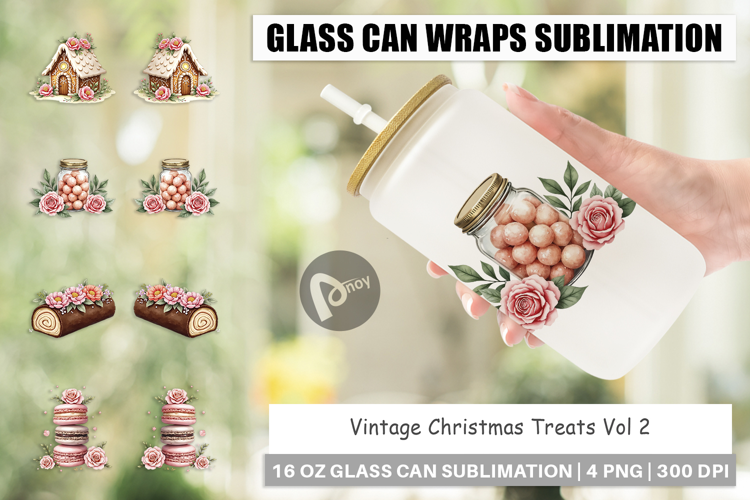 Glass Can Vintage Christmas Treats Watercolor