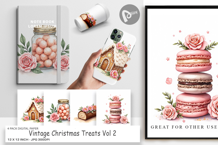 Digital Paper Vintage Christmas Treats Watercolor