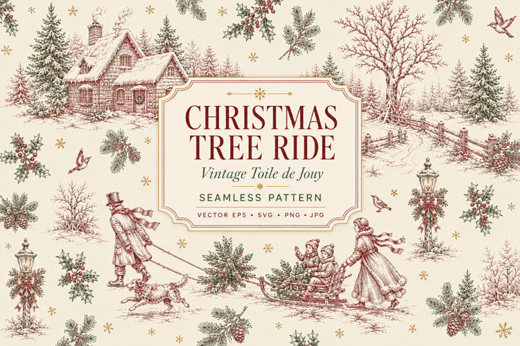 Vintage Christmas tree ride toile de Jouy seamless pattern with a snowy cottage, family sled, dog, pine trees, holly, lanterns and winter scenery art.
