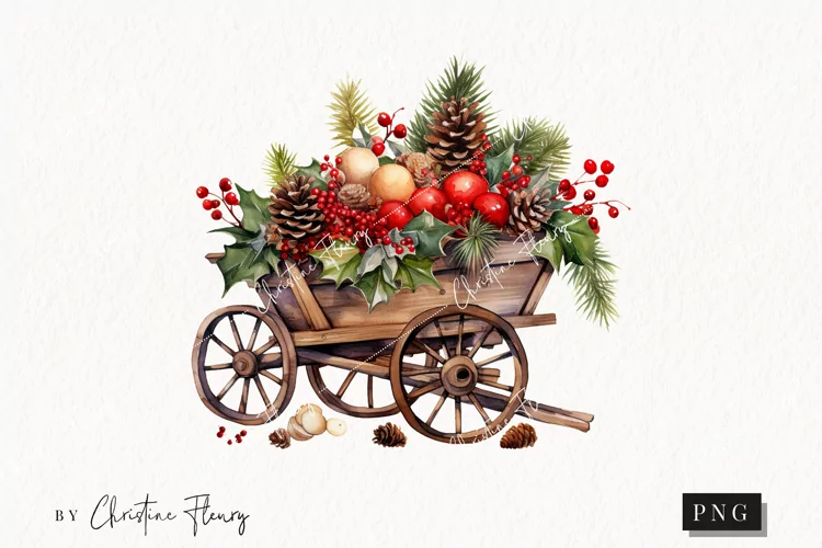 Vintage Festive Wagon Clipart | Christmas Clipart