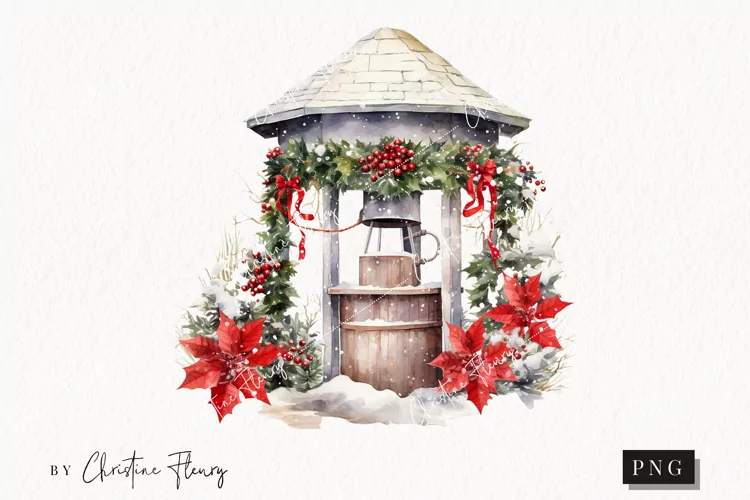 Vintage Festive Water Well Clipart | Christmas Clipart