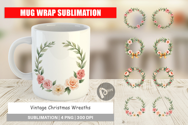 Mug Wrap Vintage Christmas Wreaths Watercolor