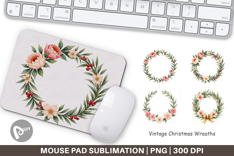 Mouse Pad Vintage Christmas Wreaths Watercolor