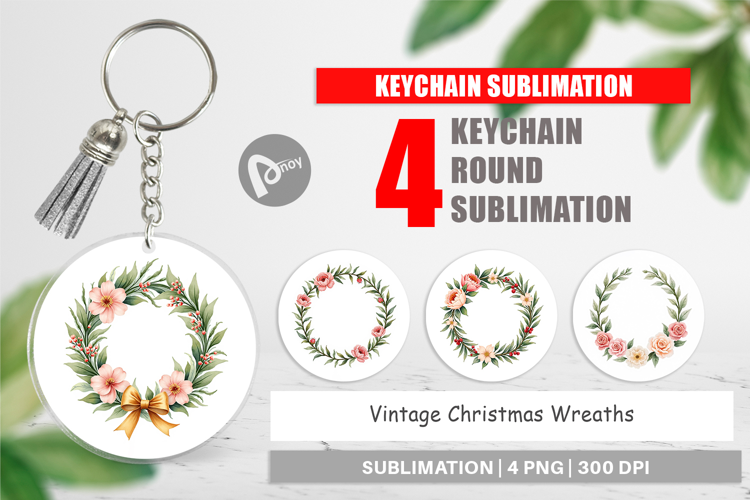 Keychain Vintage Christmas Wreaths Watercolor