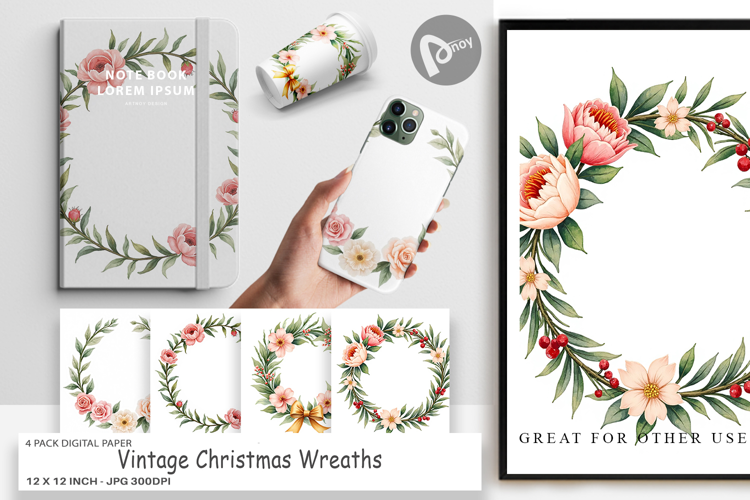 Digital Paper Vintage Christmas Wreaths Watercolor