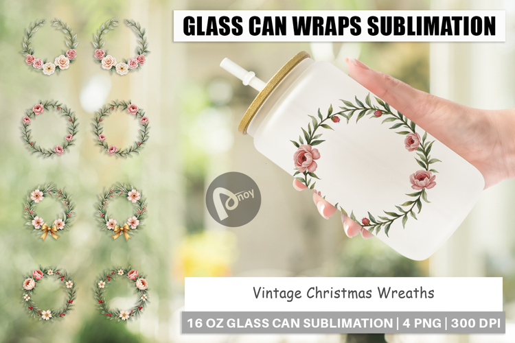 Glass Can Vintage Christmas Wreaths Watercolor