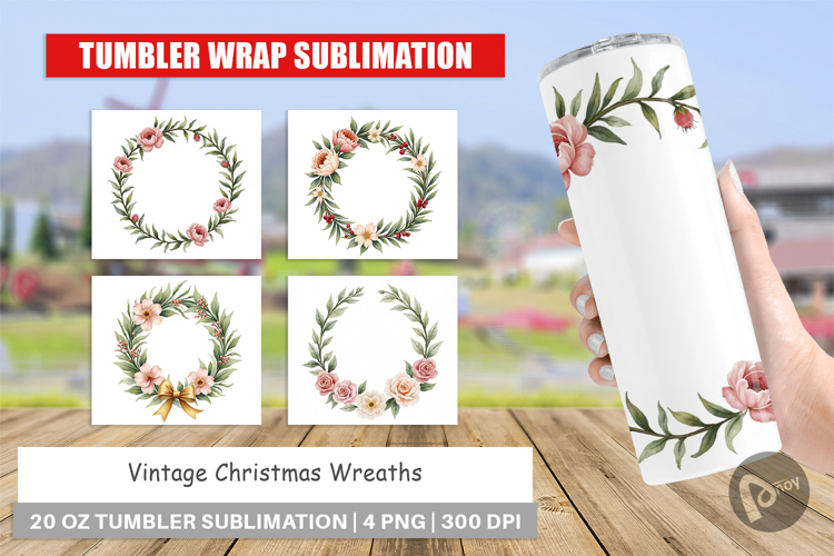 Tumbler Vintage Christmas Wreaths Watercolor