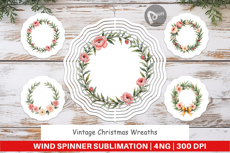 Wind Spinner Vintage Christmas Wreaths Watercolor