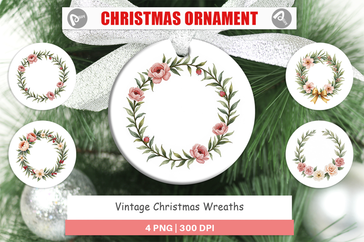 Ornament Vintage Christmas Wreaths Watercolor