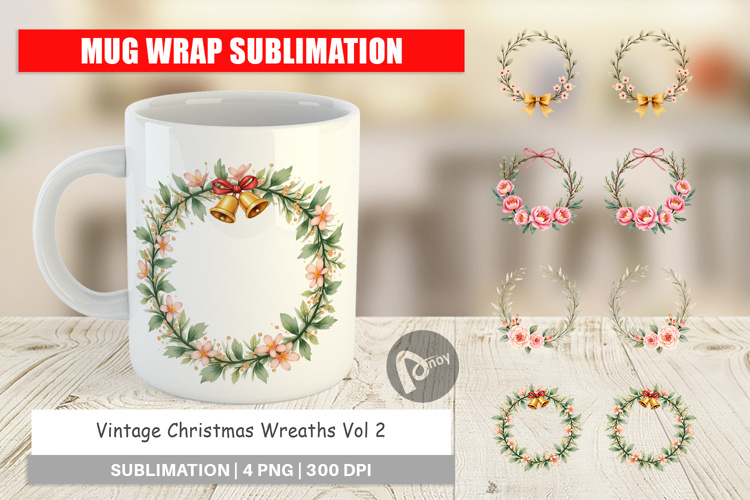 Mug Wrap Vintage Christmas Wreaths Watercolor