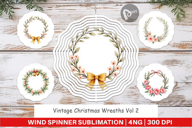 Wind Spinner Vintage Christmas Wreaths Watercolor