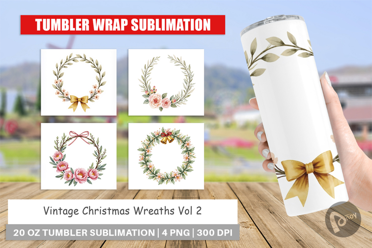 Tumbler Vintage Christmas Wreaths Watercolor