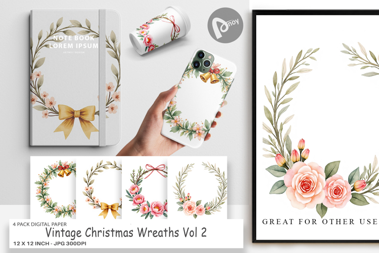 Digital Paper Vintage Christmas Wreaths Watercolor