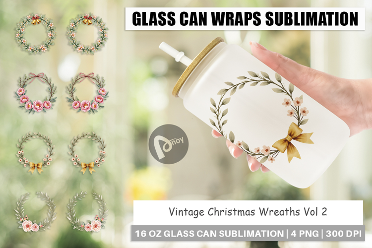 Glass Can Vintage Christmas Wreaths Watercolor
