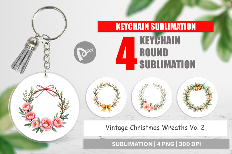 Keychain Vintage Christmas Wreaths Watercolor