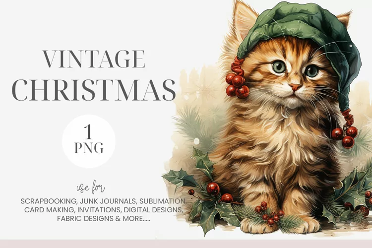 Watercolor Vintage Christmas Cat Clipart