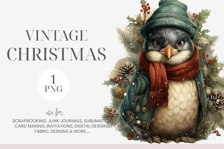 Watercolor Vintage Christmas Penguin Clipart