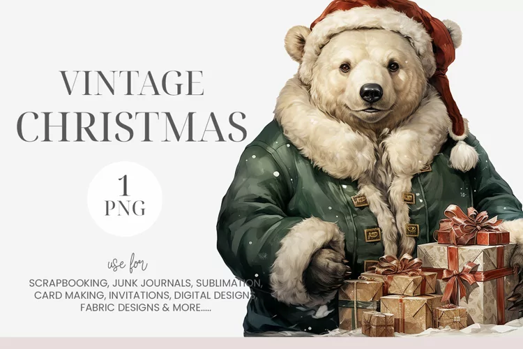 Watercolor Christmas Polar Bear Clipart