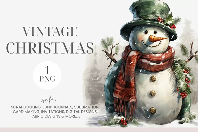 Watercolor Vintage Christmas Snowman Clipart