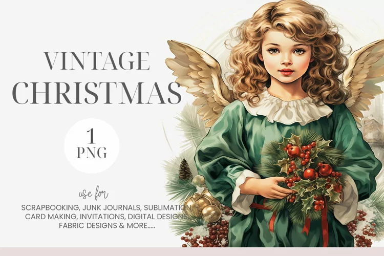 Watercolor Vintage Christmas Angel Clipart