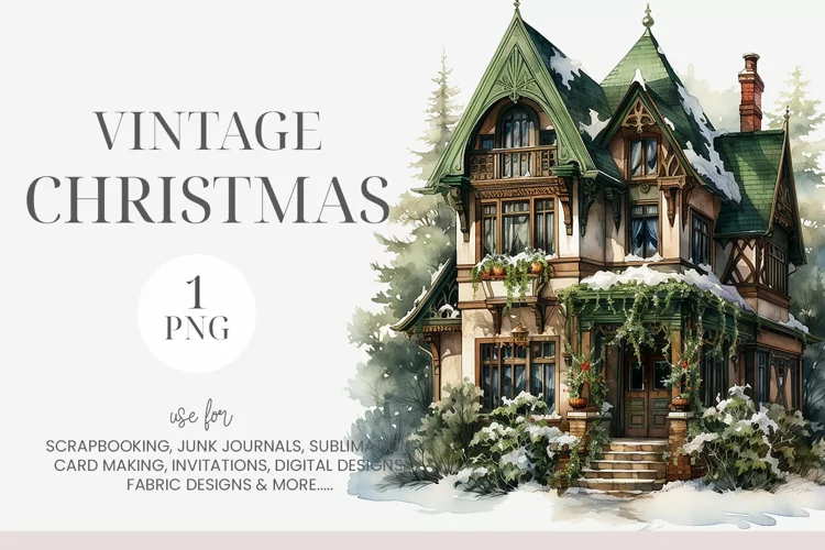 Vintage Christmas House Clipart
