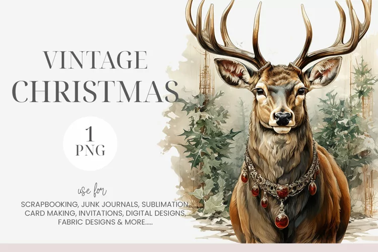 Watercolor Vintage Christmas Deer Clipart