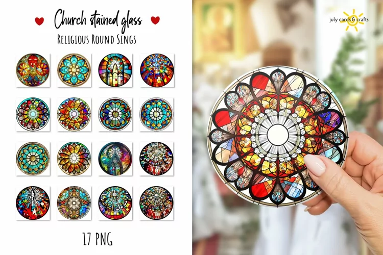 Vintage Church Stain Glass Round Signs Clip Art