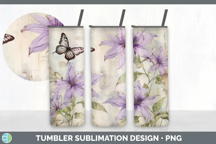 Vintage Clematis Flowers Tumbler | Sublimation 20 oz Skinny