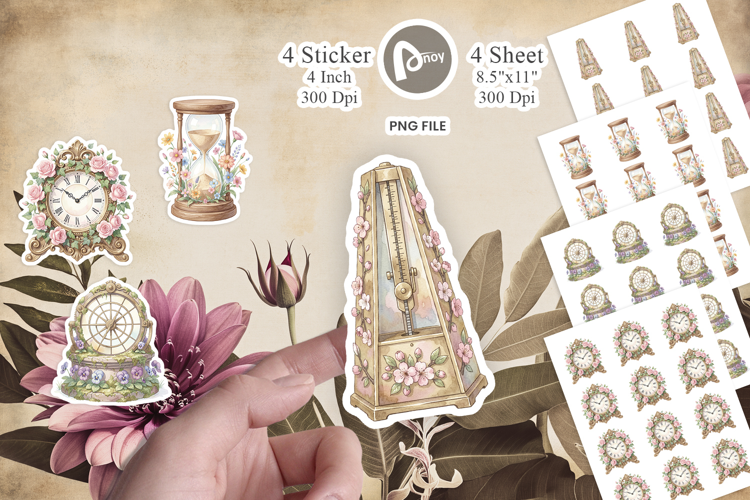 Vintage Clock And Floral Sticker