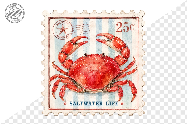 Vintage Coastal Crab Postage Stamp Watercolor PNG Clipart