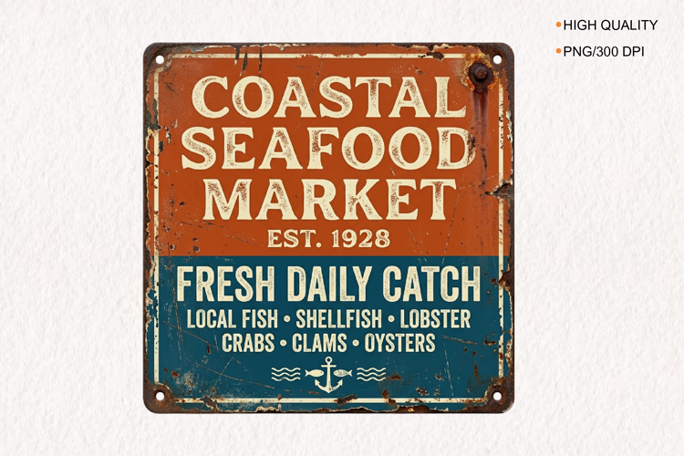 Vintage Coastal Seafood Market Sign PNG, Rustic Nautical Tin