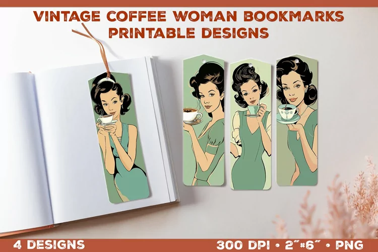Vintage Woman Drinking Coffee Bookmarks - Printable Design