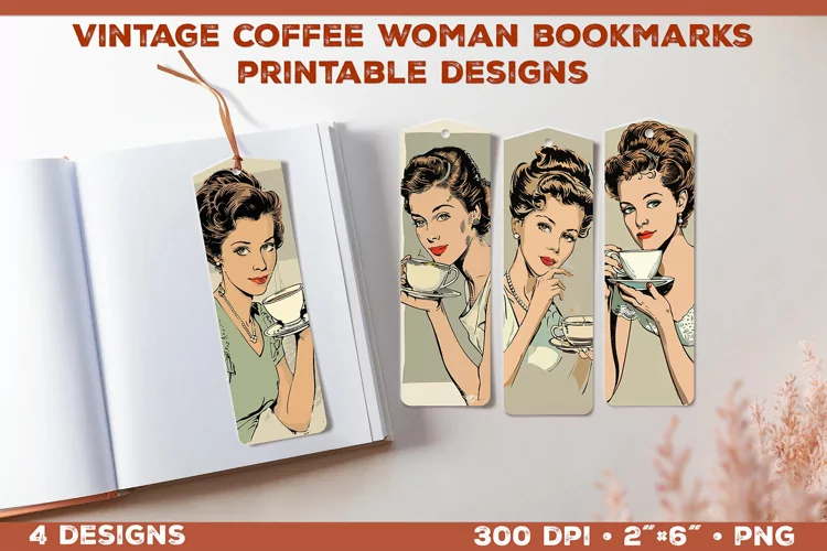 Vintage Woman Drinking Coffee Bookmarks - Printable Design