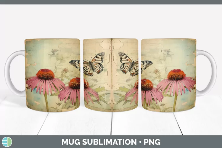 Vintage Coneflower Flowers Mug Wrap | Sublimation Coffee Cup