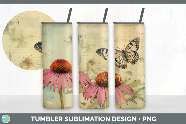 Vintage Coneflower Flowers Tumbler | Sublimation 20 oz Skinn