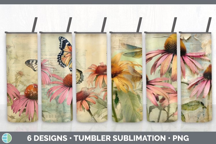 Vintage Coneflower Flowers Tumbler | Sublimation 20 oz Skinn