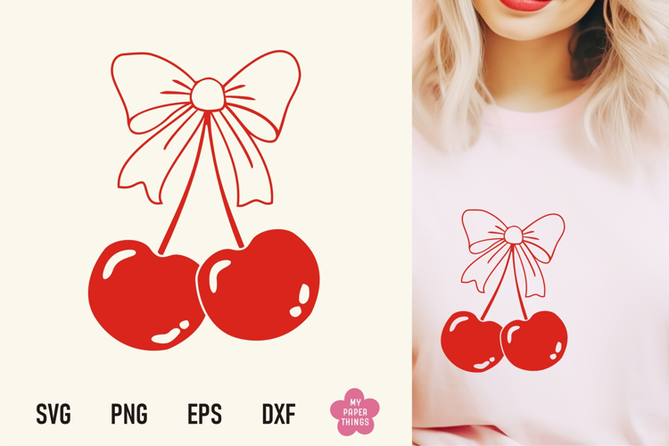 Vintage Coquette Cherries With Bow Svg Png, Bow Outline Svg
