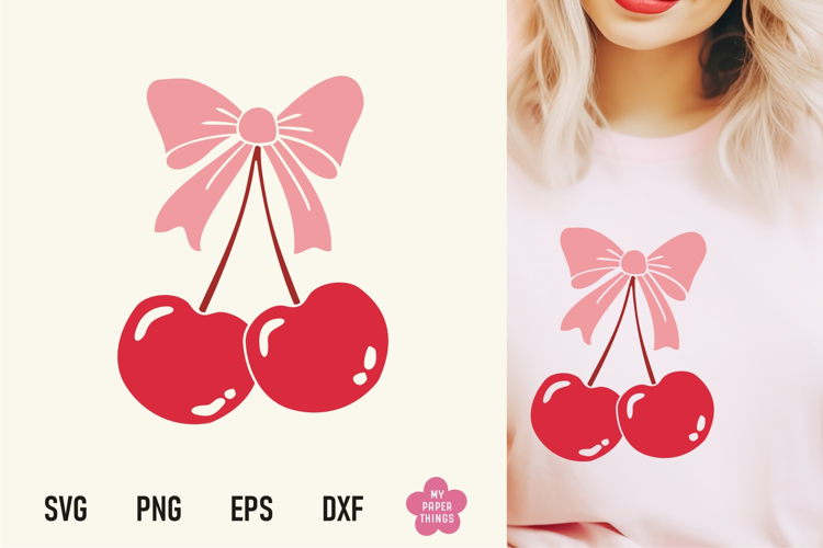 Vintage Coquette Cherries With Bow Svg Png, Pink Bow Svg