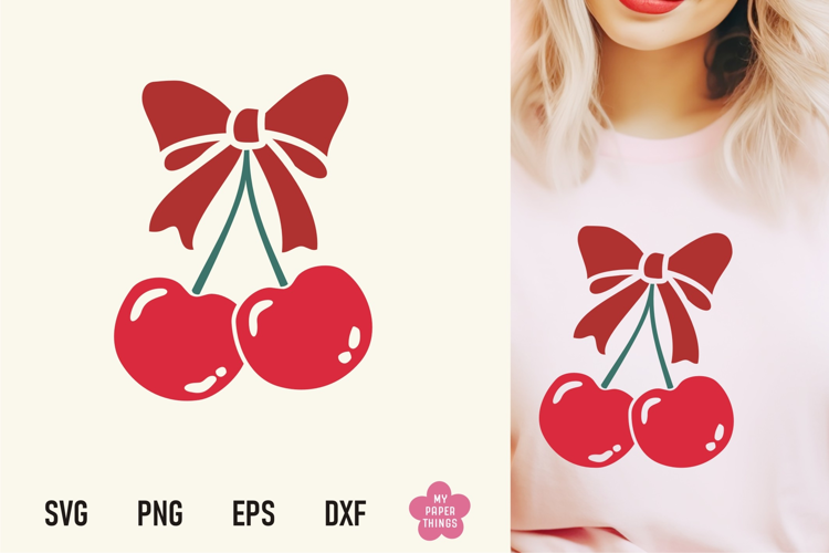 Vintage Coquette Cherries With Bow Svg Png, Cherry Bow Svg