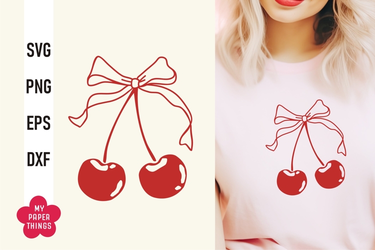 Vintage Coquette Cherries With bows Svg Png, Ribbon Svg