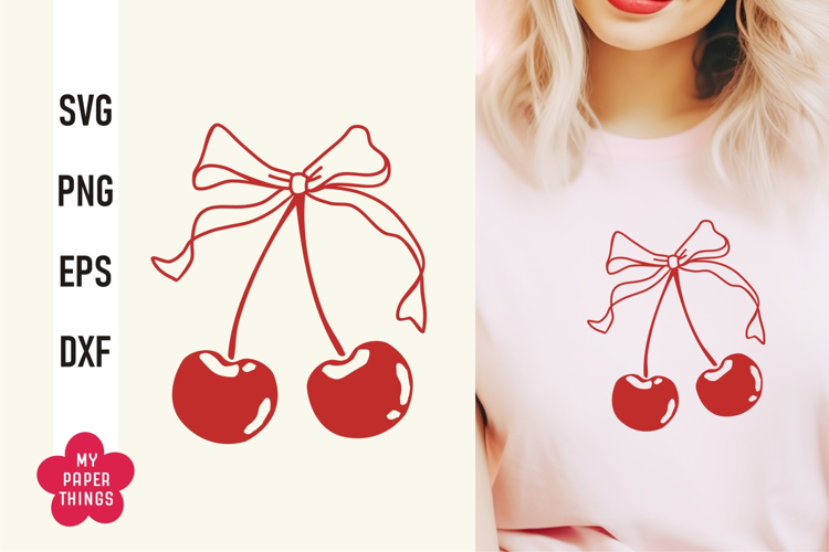 Vintage Coquette Cherries With bows Svg Png, Ribbon Svg