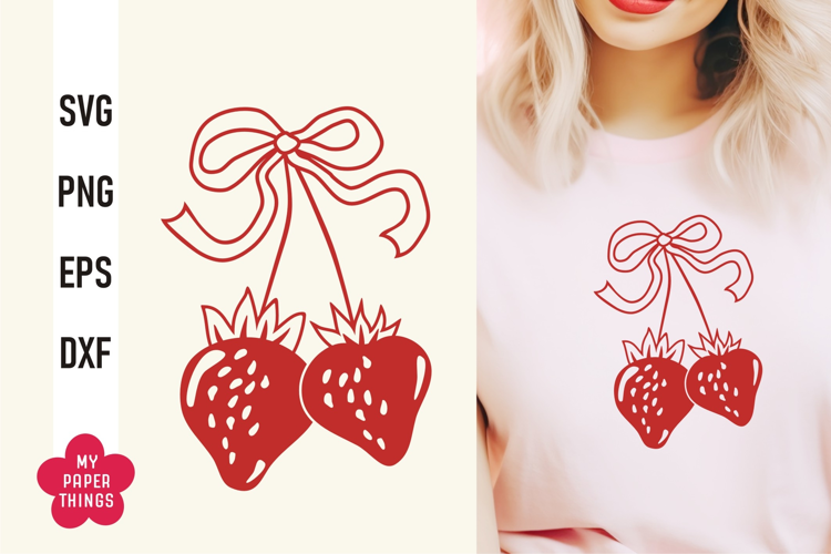 Vintage Coquette Strawberries With Bow Svg Png, Retro Svg