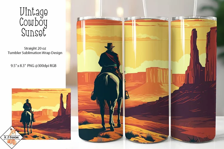 Vintage Cowboy Sunset Tumbler Sublimation Wrap