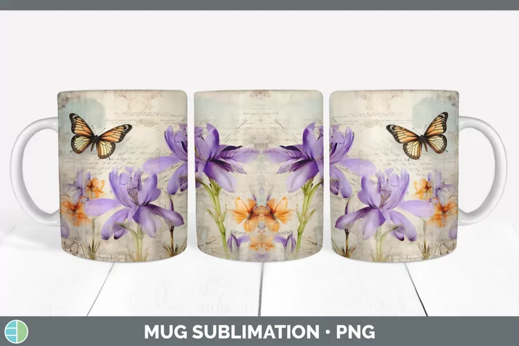 Vintage Crocus Flowers Mug Wrap | Sublimation Coffee Cup Des