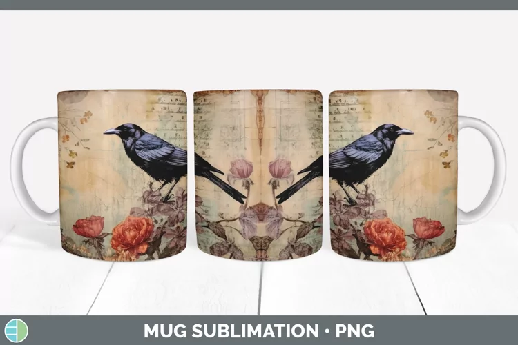 Vintage Crow Bird Mug Wrap | Sublimation Coffee Cup Designs