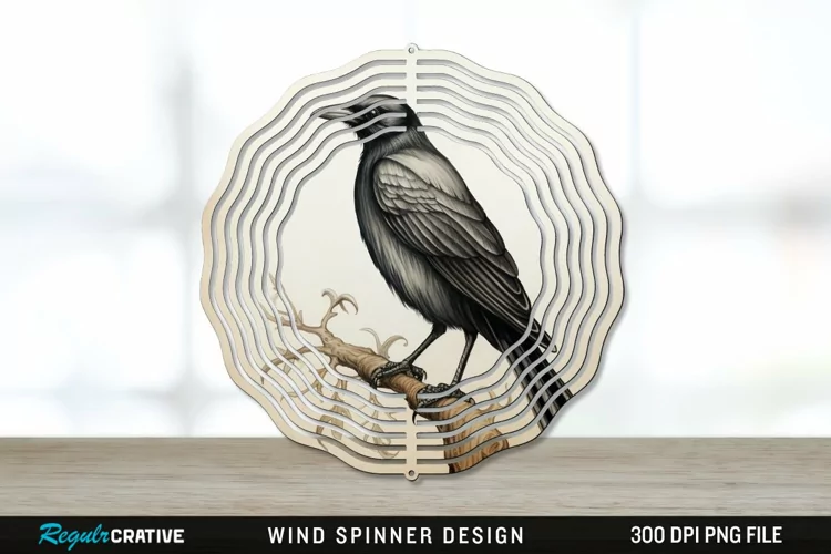 Vintage Crow Bird Wind Spinner Sublimation PNG Design
