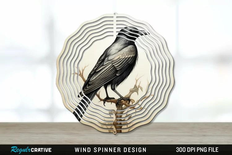 Vintage Crow Bird Wind Spinner Sublimation PNG Design