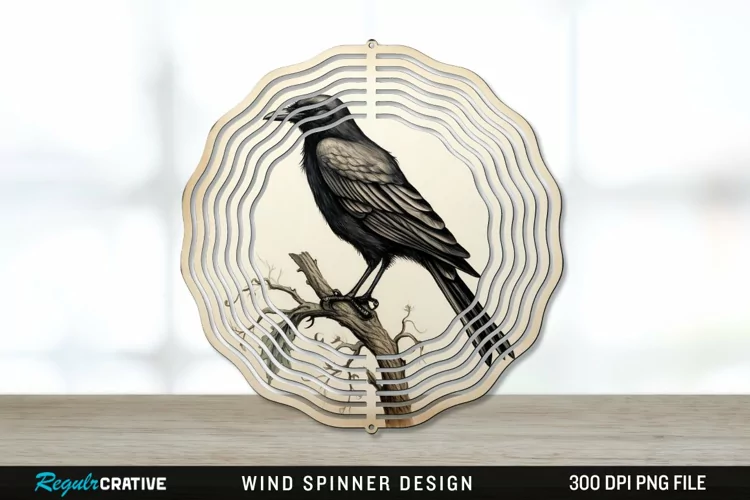 Vintage Crow Bird Wind Spinner Sublimation PNG Design