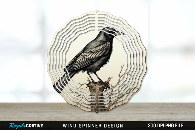 Vintage Crow Bird Wind Spinner Sublimation PNG Design