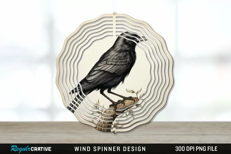 Vintage Crow Bird Wind Spinner Sublimation PNG Design